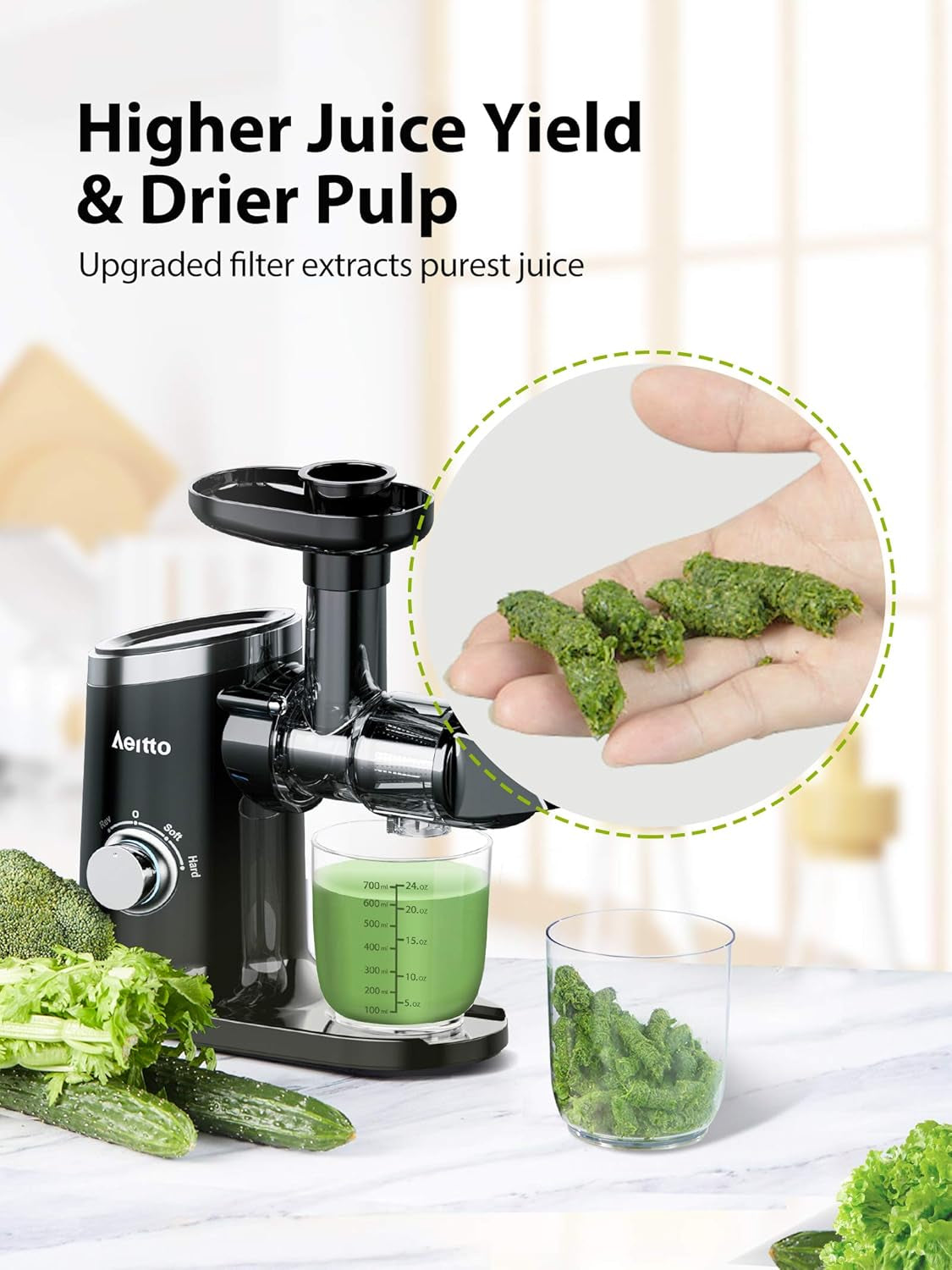 Aeitto Cold Press Juicer - High Juice Yield, Quiet Operation, Easy Cleaning Brush, Soft & Hard Modes, Reverse Function, Perfect for Fruits and Vegetables - Black