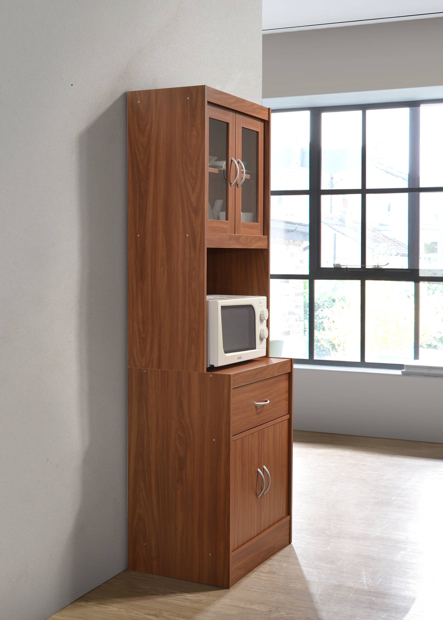 Hodedah Cherry Kitchen Cabinet with One Drawer and Microwave Space