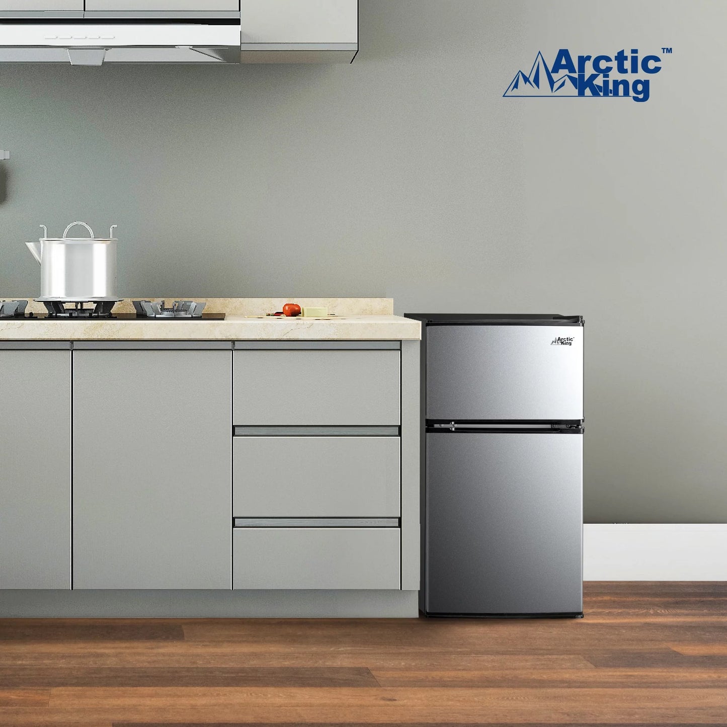 Arctic King 3.2 Cu Ft Two Door Mini Fridge with Freezer, Stainless Steel, E-Star