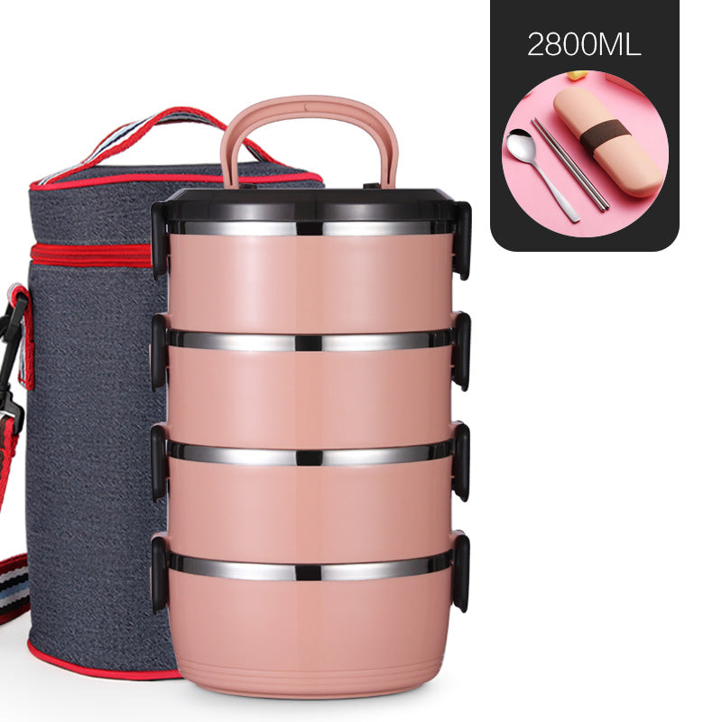 Color: Pinkwith bag, Style: 4 layers - Stainless steel multi-layer lunch box