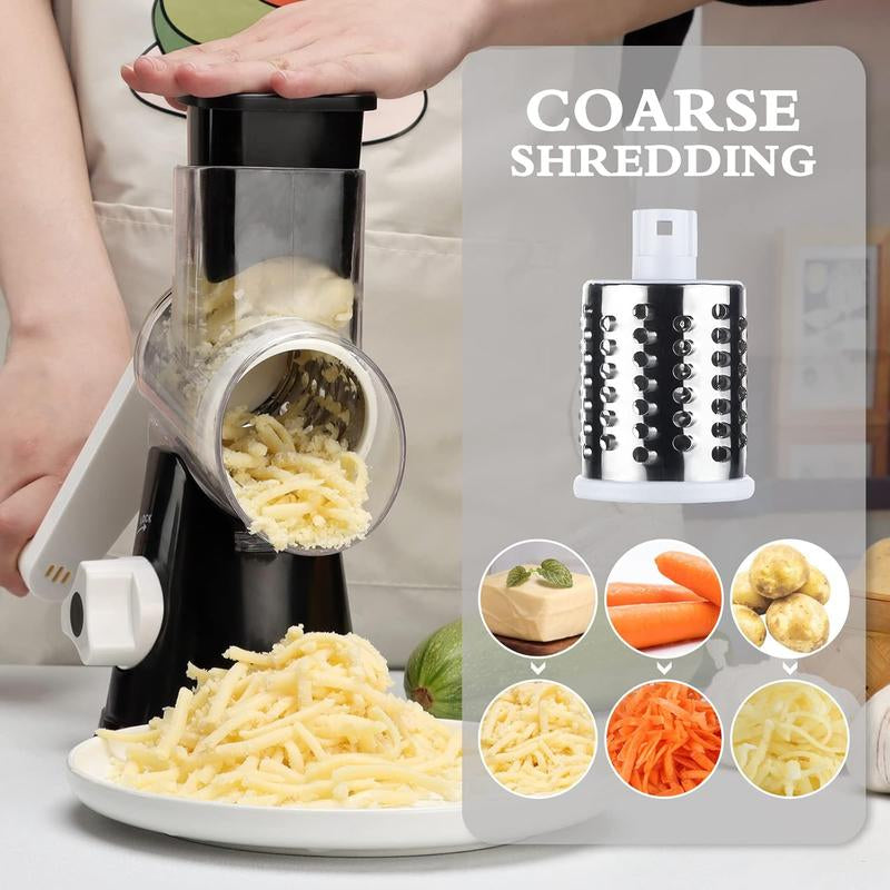 Rotary Cheese Grater with Handle, Manual Speed round Cheese Shredder with Strong Suction Base, Easy to Use Potato Hashbrown Shredder with 3 Replaceable Stainless Steel Drum (Black)