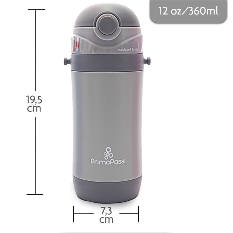 Primo Passi Insulated Straw Water Bottle for Kids - 12oz Stainless Steel in Sleek Grey