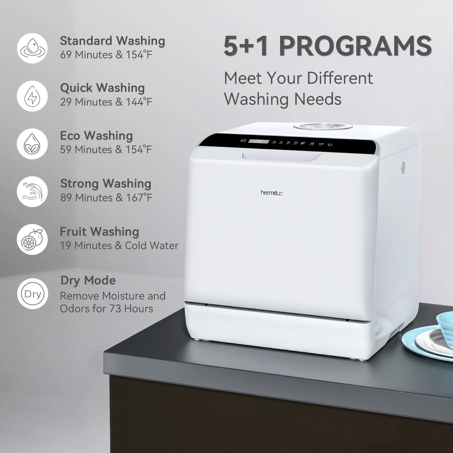 Hermitlux HMX-DW04 Countertop Portable Dishwasher with 5 Washing Programs and 5-Liter Water Tank