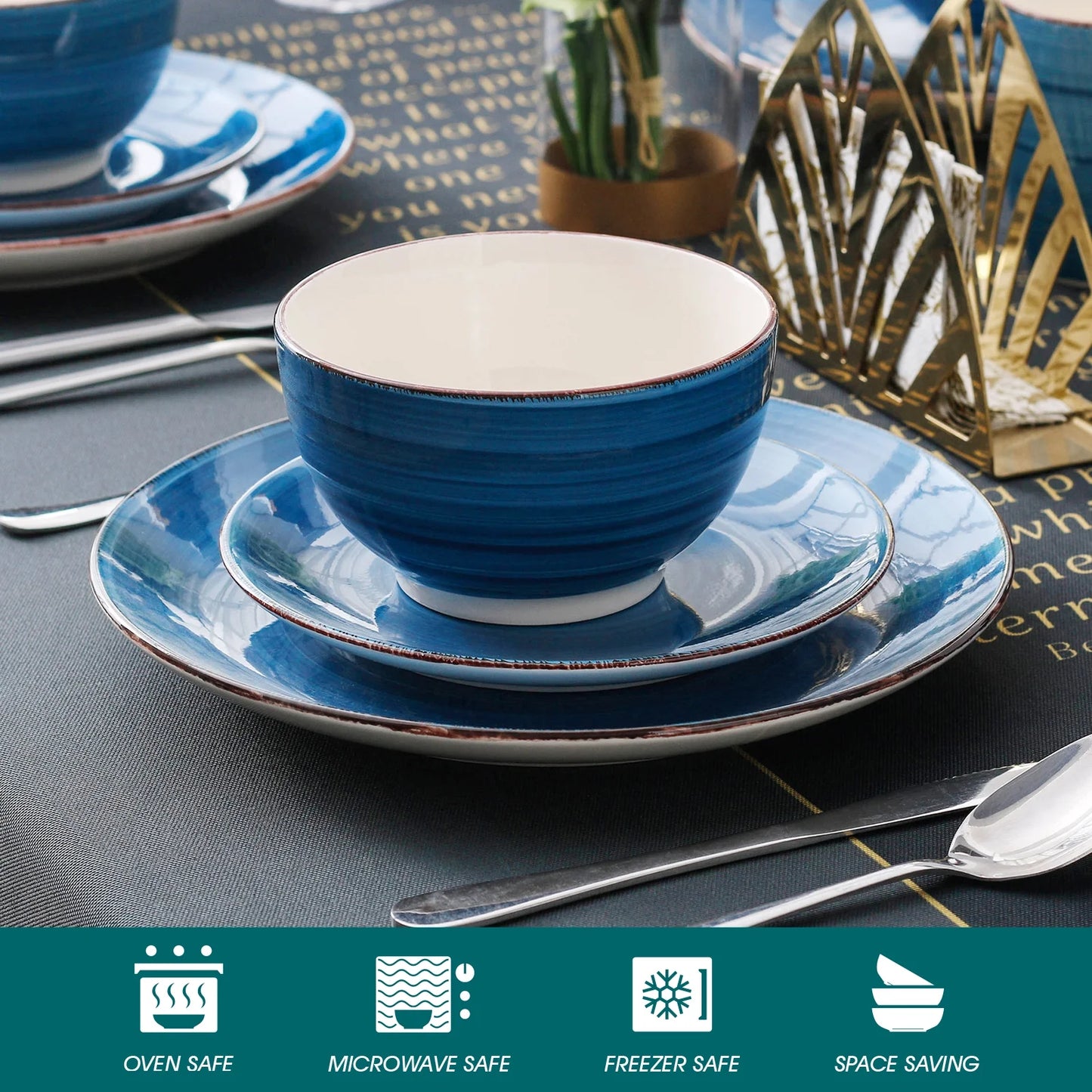 Vancasso, Series Bella, 32-Piece Stoneware Dinnerware Set, Blue Dinner Set, Service for 8