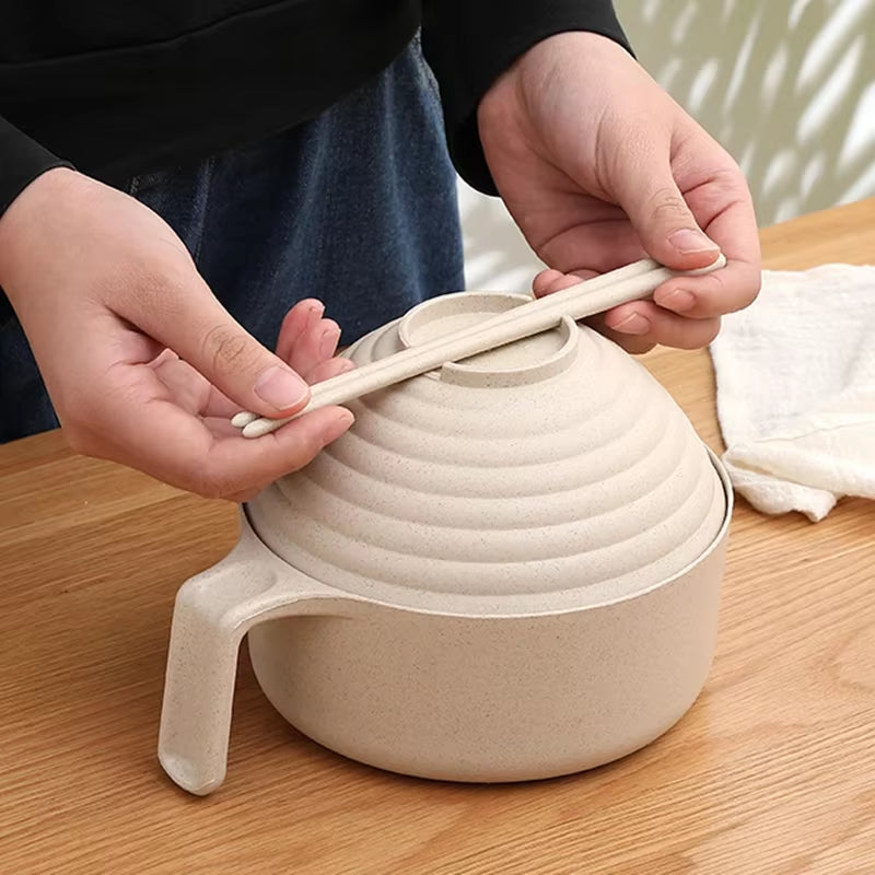 5-Piece Wheat Straw Multifunctional Dinnerware Set with Lid, Spoon, Fork, and Chopsticks - Microwavable Anti-Hot Bowls
