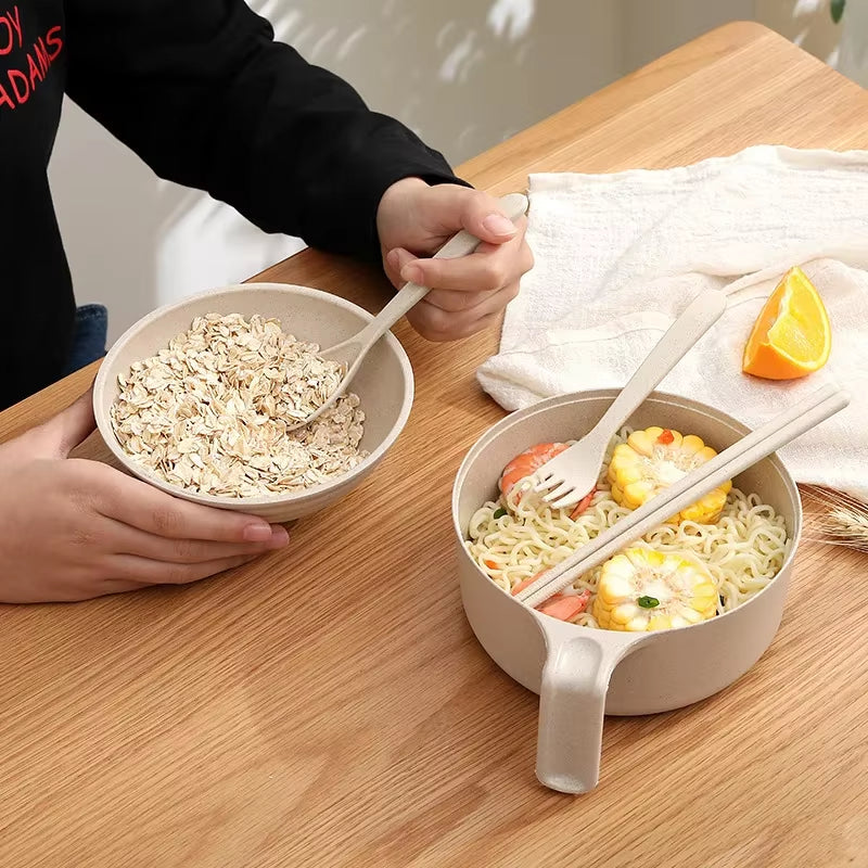 5-Piece Wheat Straw Multifunctional Dinnerware Set with Lid, Spoon, Fork, and Chopsticks - Microwavable Anti-Hot Bowls