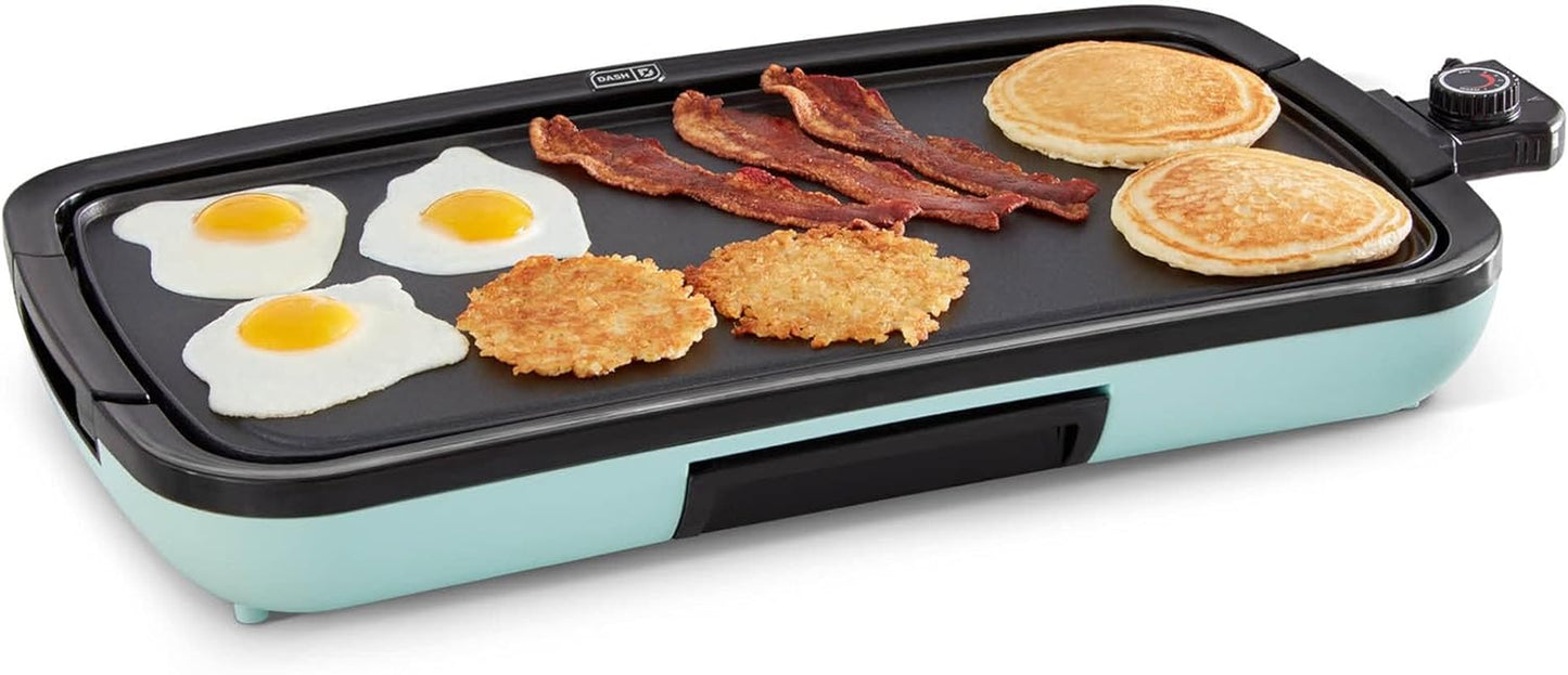 DASH Deluxe Electric Griddle - 1500W Nonstick Plate for Perfect Pancakes, Burgers & More - Easy Clean with Drip Tray & Recipe Book - Aqua 20” x 10.5”
