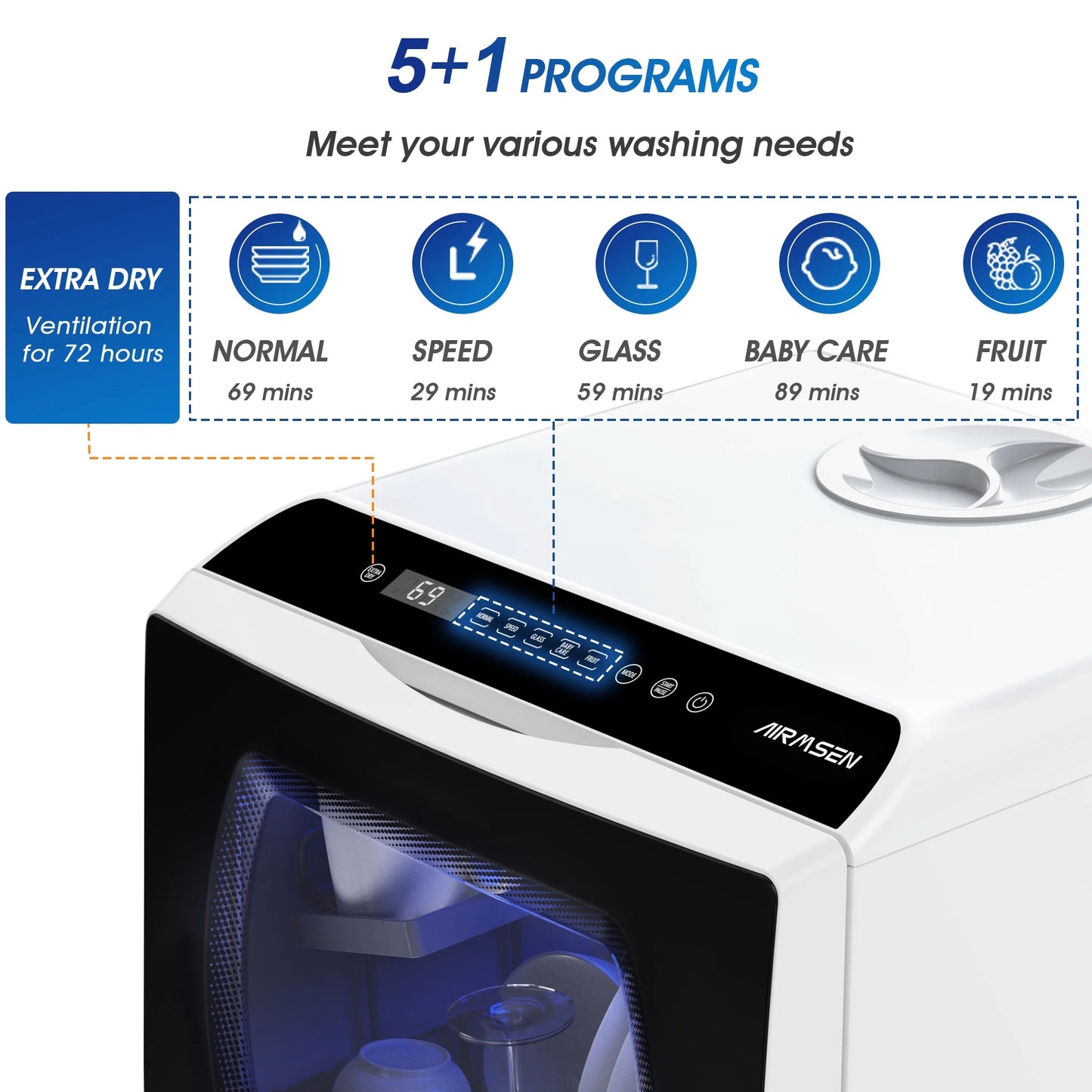 AIRMSEN Portable Countertop Dishwasher with 5-Liter Built-In Water Tank and Air-Dry Function, 5 Washing Programs Mini Dishwasher, AE-TDQR03