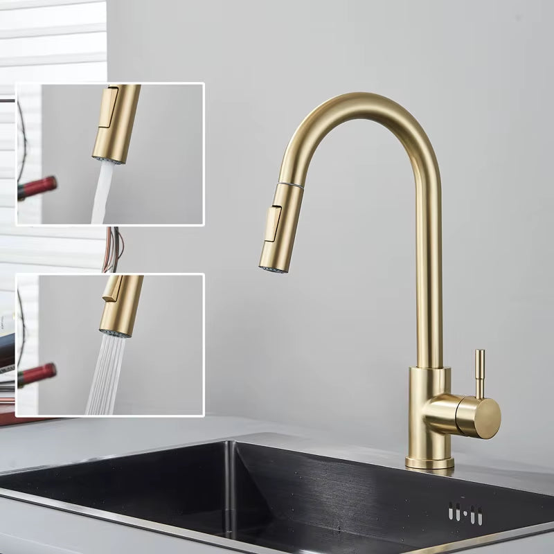 Kitchen Faucet Brushed Gold Pull Out Kitchen Sink Water Tap Single Handle Mixer Tap 360 Rotation Kitchen Shower Faucet