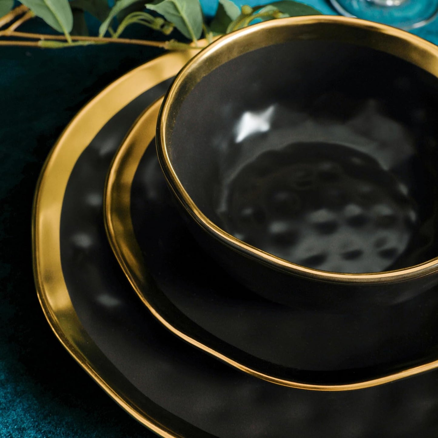 Stone Lain Florian Contemporary 16-Piece Porcelain Dinnerware Set with Black and Gold Rim for Four