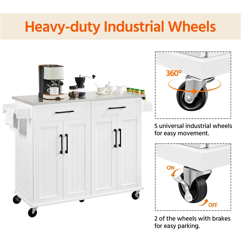 Renwick 42-Inch Mobile Kitchen Island with Storage Drawers and Cabinets in White