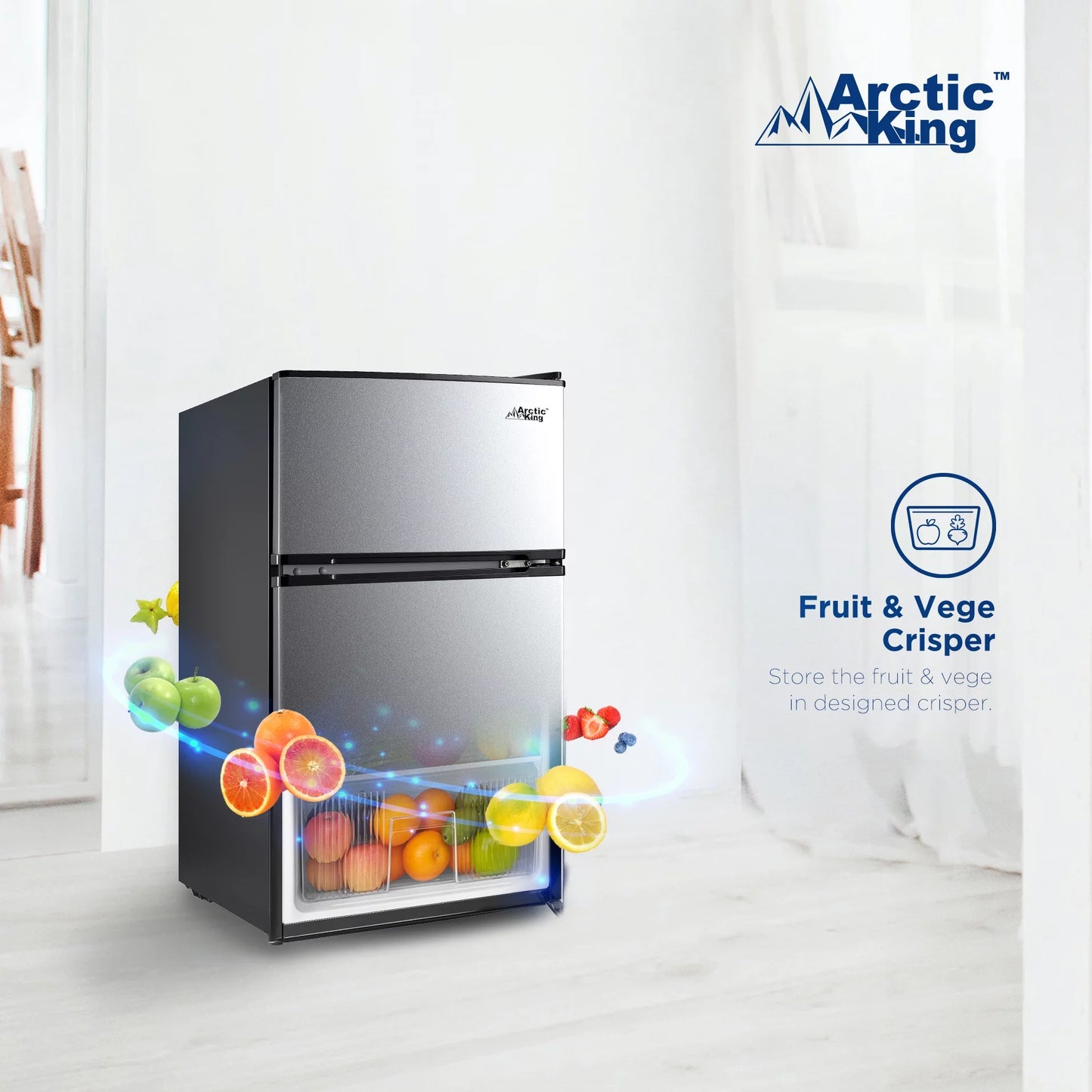 Arctic King 3.2 Cu Ft Two Door Mini Fridge with Freezer, Stainless Steel, E-Star