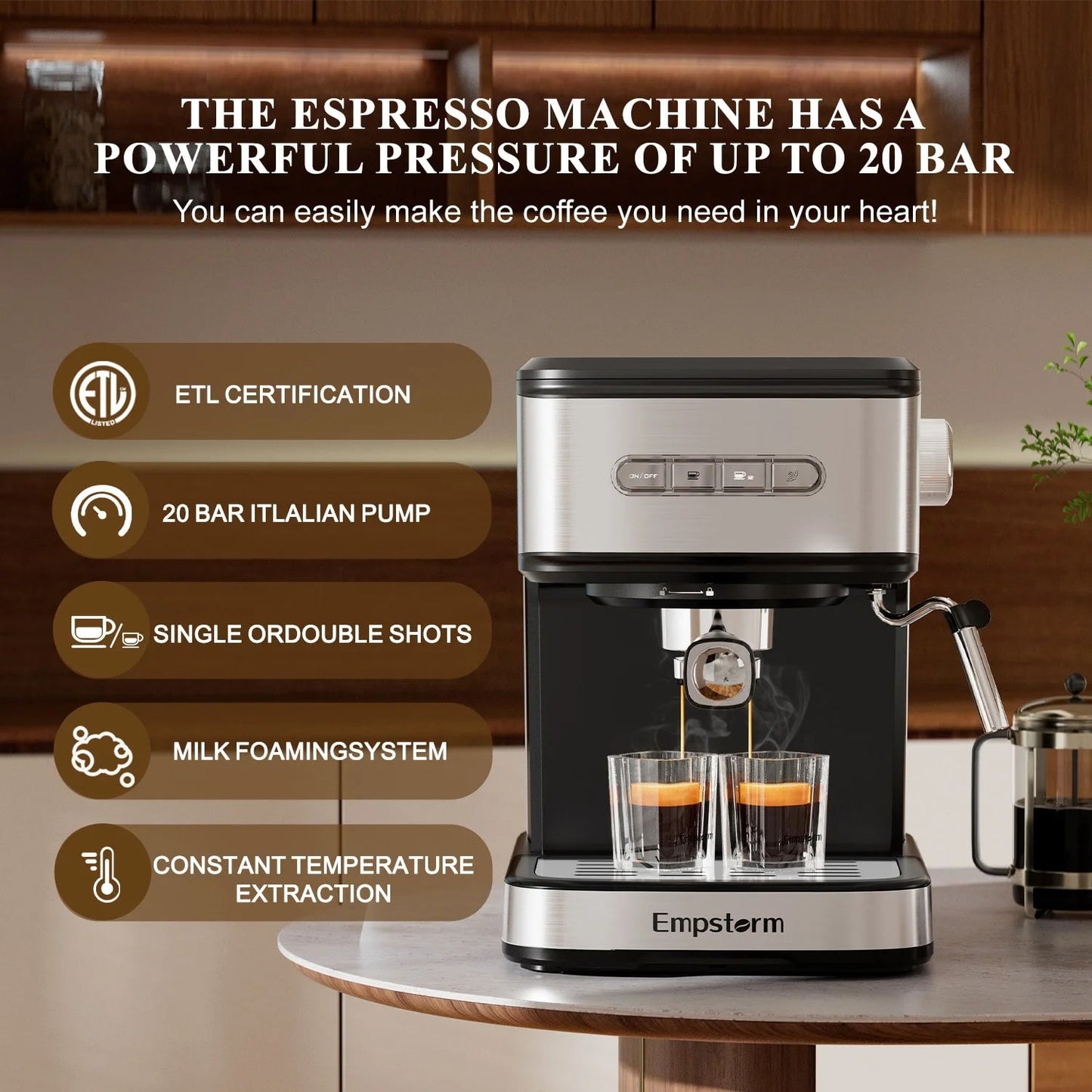 Empstorm 20-Bar Espresso Machine, Dual-Cup Coffee Maker with 1.5L Water Tank and Milk Frother, Black