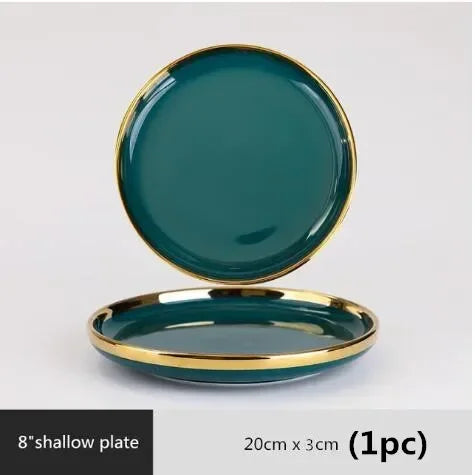 Gilt Rim Green Ceramic Plate Steak Food Plates Bowls Ins Dinner Dish Luxurious Porcelain Dinnerware Set for Family Hotel