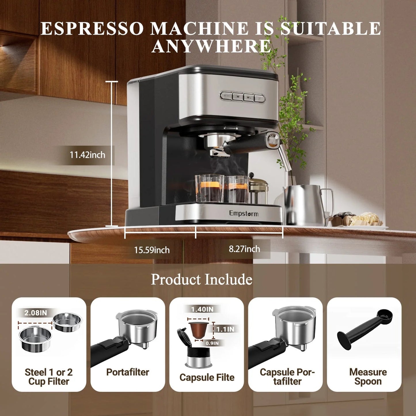 Empstorm 20-Bar Espresso Machine, Dual-Cup Coffee Maker with 1.5L Water Tank and Milk Frother, Black