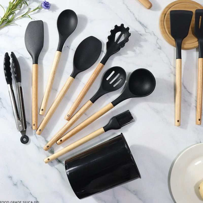Silicone Kitchen Cooking Utensils Set, 12Pcs/Set Heat Resistant, Tongs, Spatula, Spoon, Brush, Whisk, Wooden Handle Kitchen Gadgets with Holder