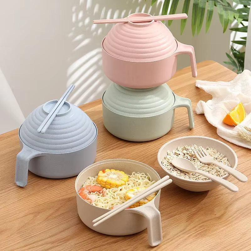 5-Piece Wheat Straw Multifunctional Dinnerware Set with Lid, Spoon, Fork, and Chopsticks - Microwavable Anti-Hot Bowls