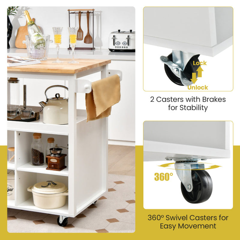 Mobile Kitchen Island Trolley Featuring Open Shelves and Drawer Storage