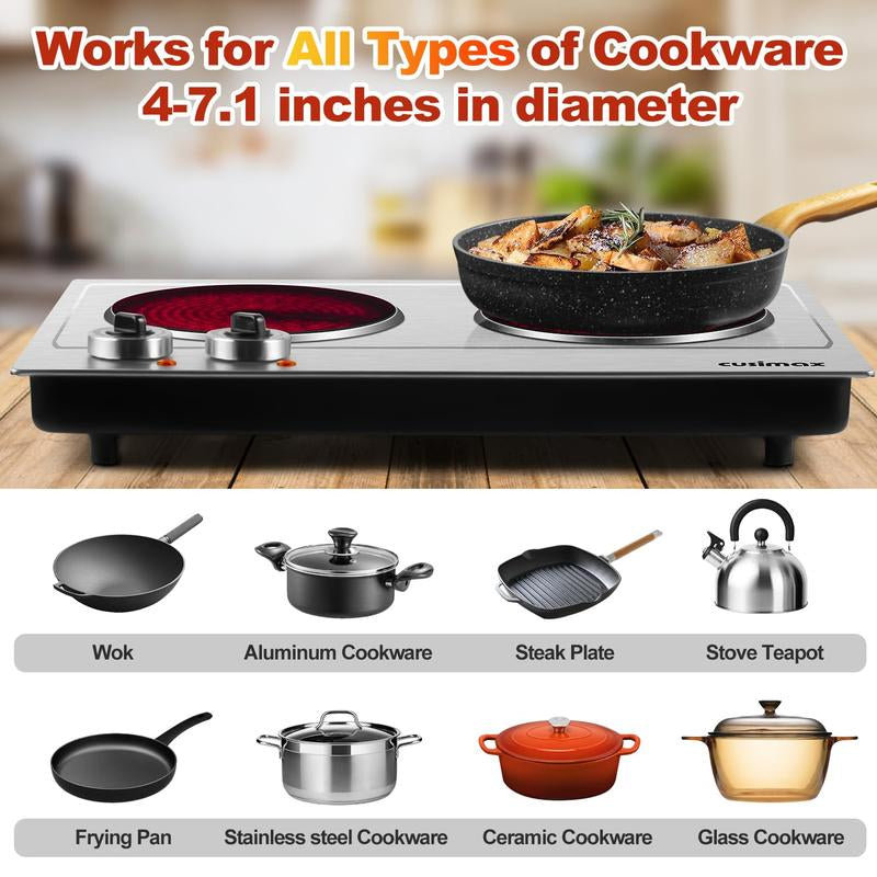 Cusimax 1800W Infrared Dual Burner Electric Cooktop, Dual 7 Inch Ceramic Glass Hot Plates, Easy to Clean and Safe Hot Plates