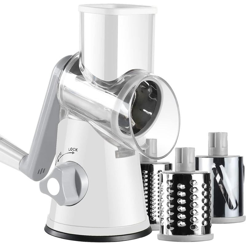Rotary Cheese Grater with Handle, Manual Speed round Cheese Shredder with Strong Suction Base, Easy to Use Potato Hashbrown Shredder with 3 Replaceable Stainless Steel Drum (Black)