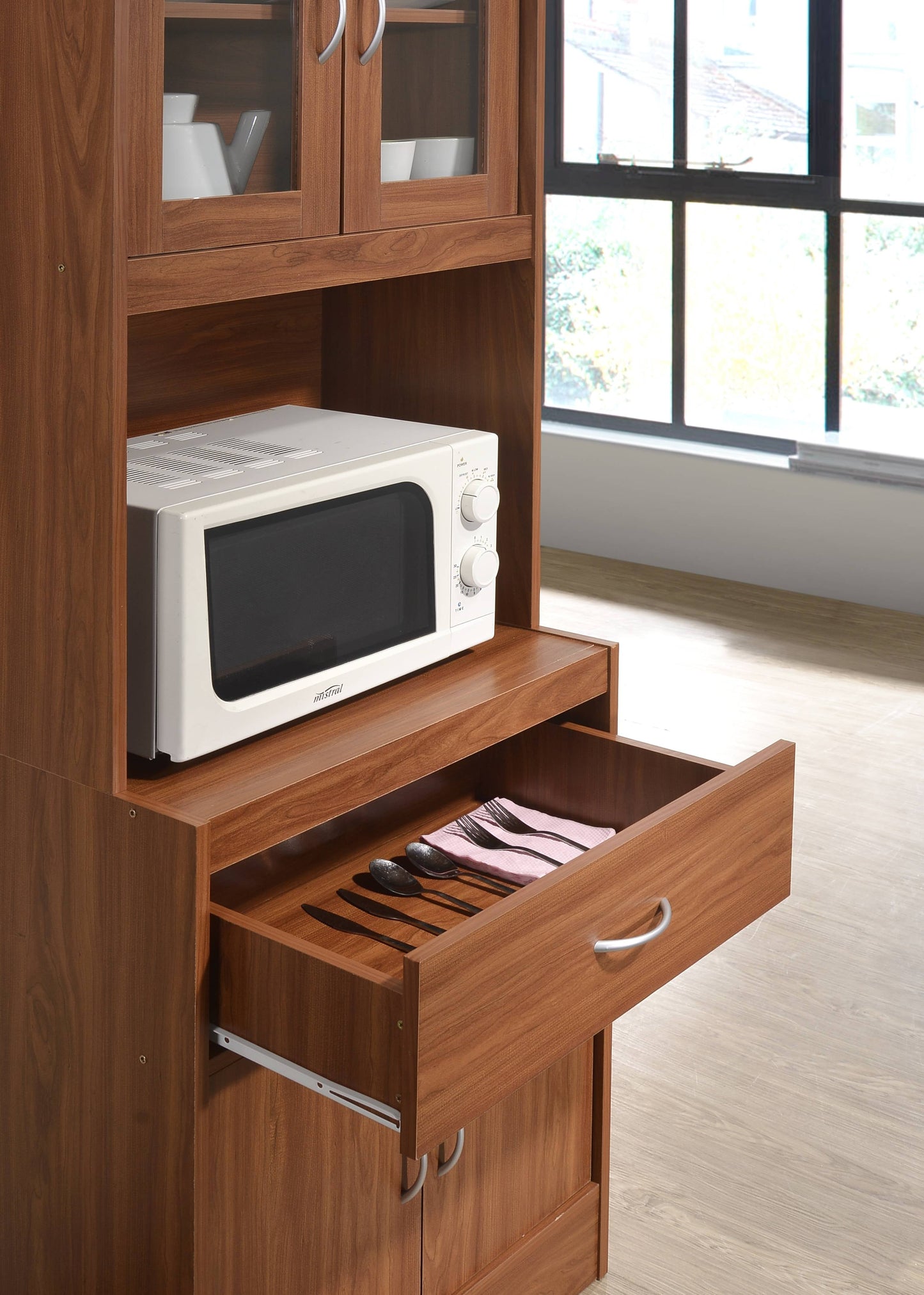 Hodedah Cherry Kitchen Cabinet with One Drawer and Microwave Space