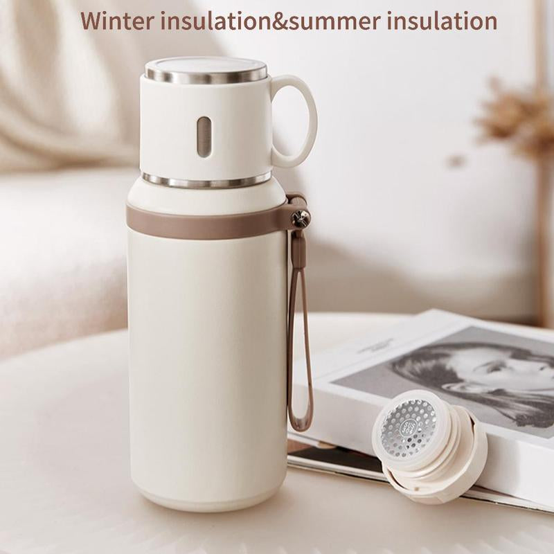 Stainless Steel Vacuum Flask, 1 Count Tea Separation Insulated Bottle with Cup Lid & Rope, Drinking Cup for Outdoor, Cycling, Hiking, Office