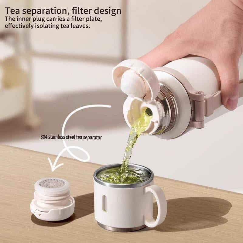 Stainless Steel Vacuum Flask, 1 Count Tea Separation Insulated Bottle with Cup Lid & Rope, Drinking Cup for Outdoor, Cycling, Hiking, Office