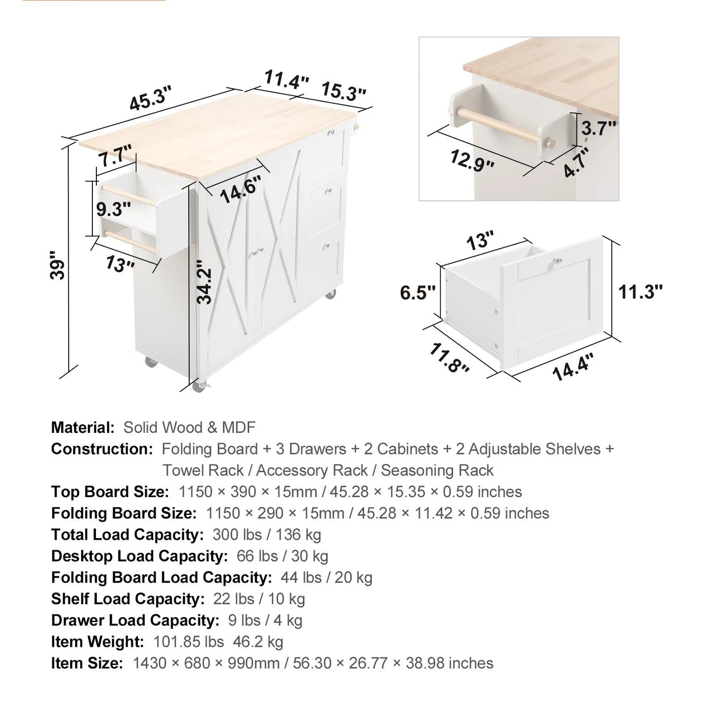BENTISM 45.3-Inch Multifunctional Kitchen Island with Convenient Drawer and Adjustable Rack in Elegant White Finish