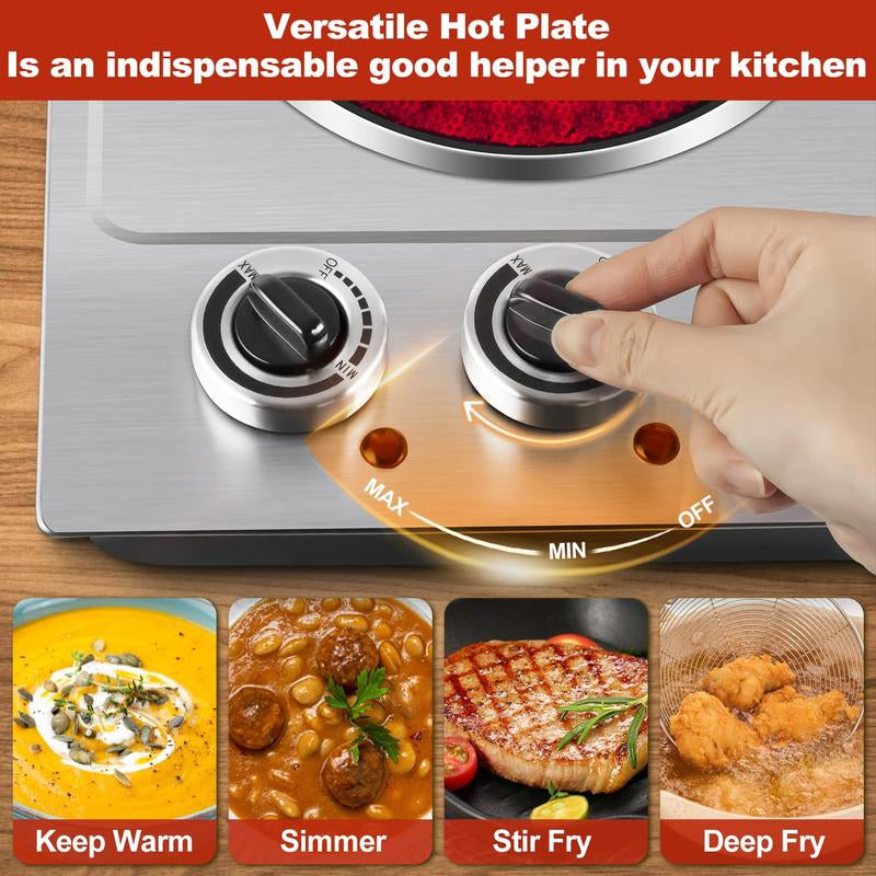 Cusimax 1800W Infrared Dual Burner Electric Cooktop, Dual 7 Inch Ceramic Glass Hot Plates, Easy to Clean and Safe Hot Plates