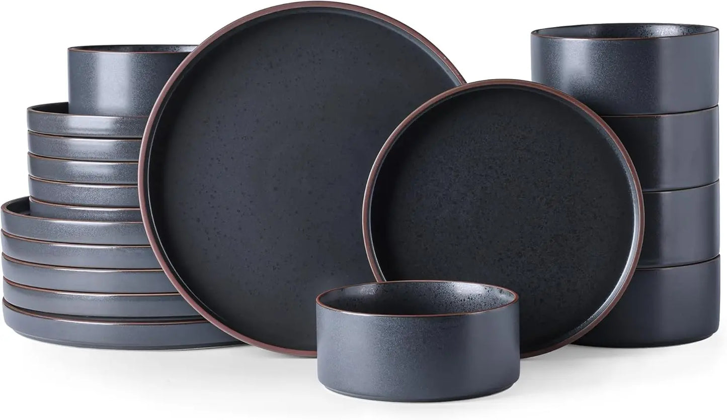 Ceramic Dinnerware Sets of 6, High Edge Stoneware Plates and Bowls Set, Chip and Crack Resistant |