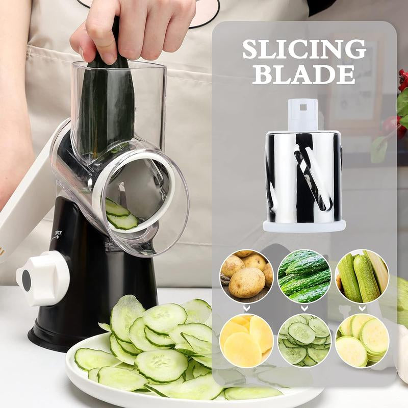 Rotary Cheese Grater with Handle, Manual Speed round Cheese Shredder with Strong Suction Base, Easy to Use Potato Hashbrown Shredder with 3 Replaceable Stainless Steel Drum (Black)