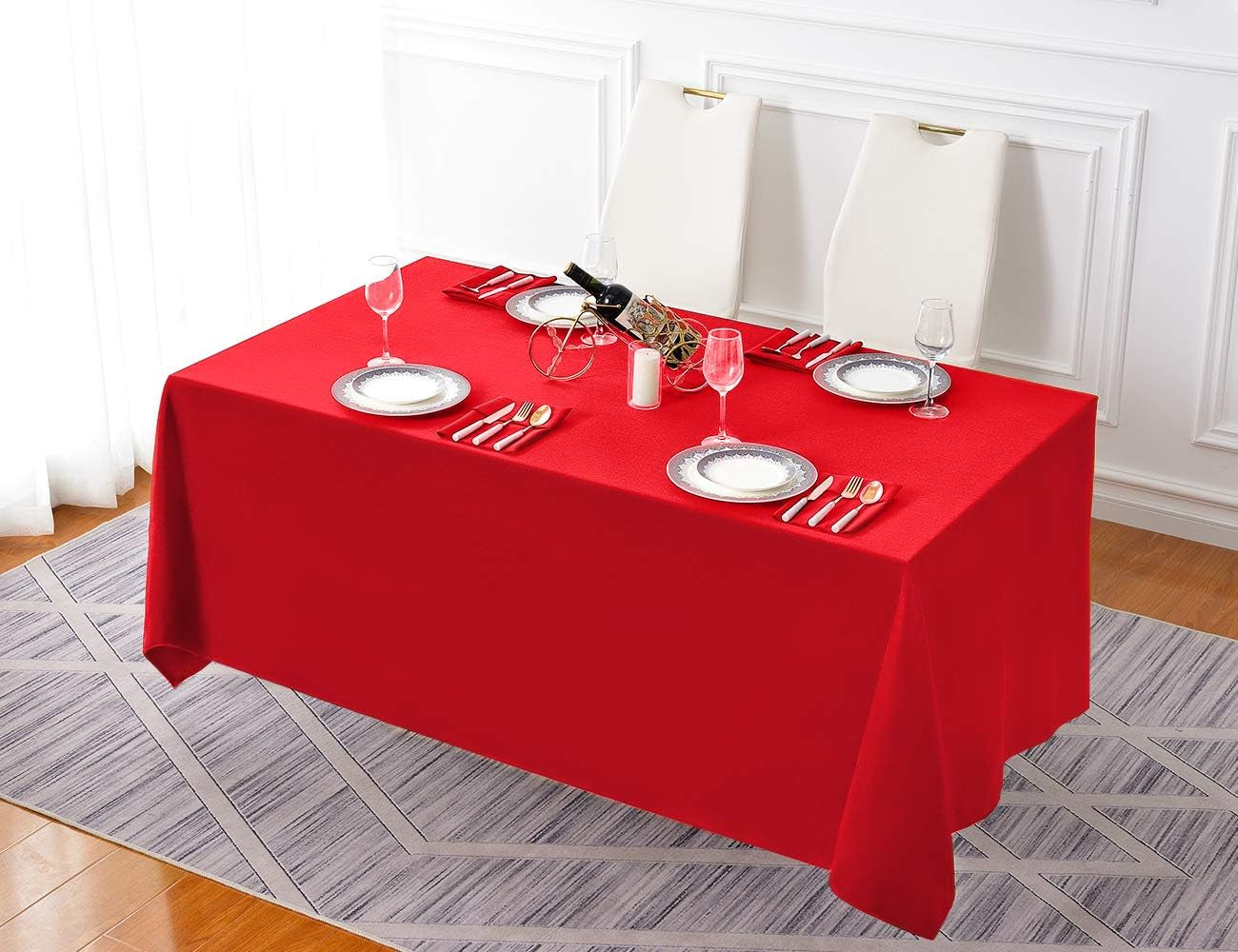 Surmente Rectangular Red Polyester Tablecloth, 90 x 132 Inches, Ideal for Weddings, Banquets, and Restaurants