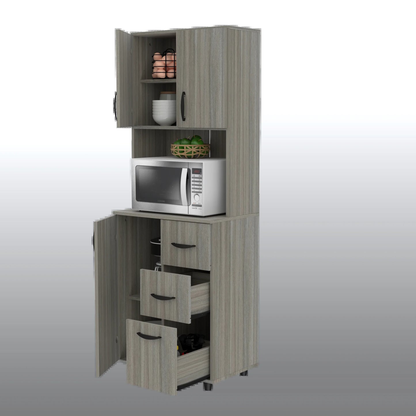 INVAL 3-Drawer 4-Shelf Kitchen/Microwave Storage Cabinet in Gray Smoke Oak