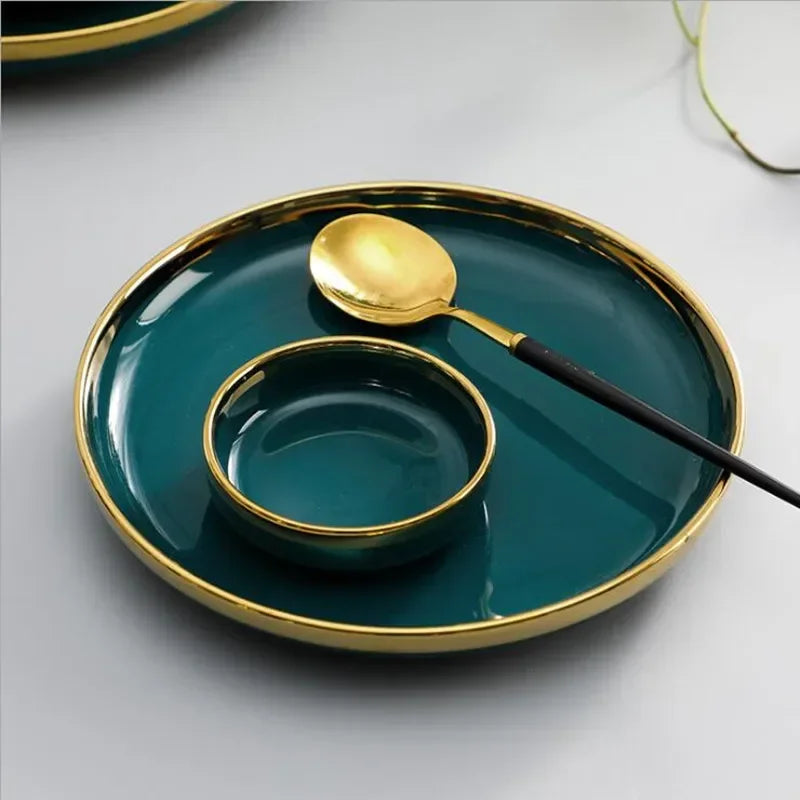 Gilt Rim Green Ceramic Plate Steak Food Plates Bowls Ins Dinner Dish Luxurious Porcelain Dinnerware Set for Family Hotel