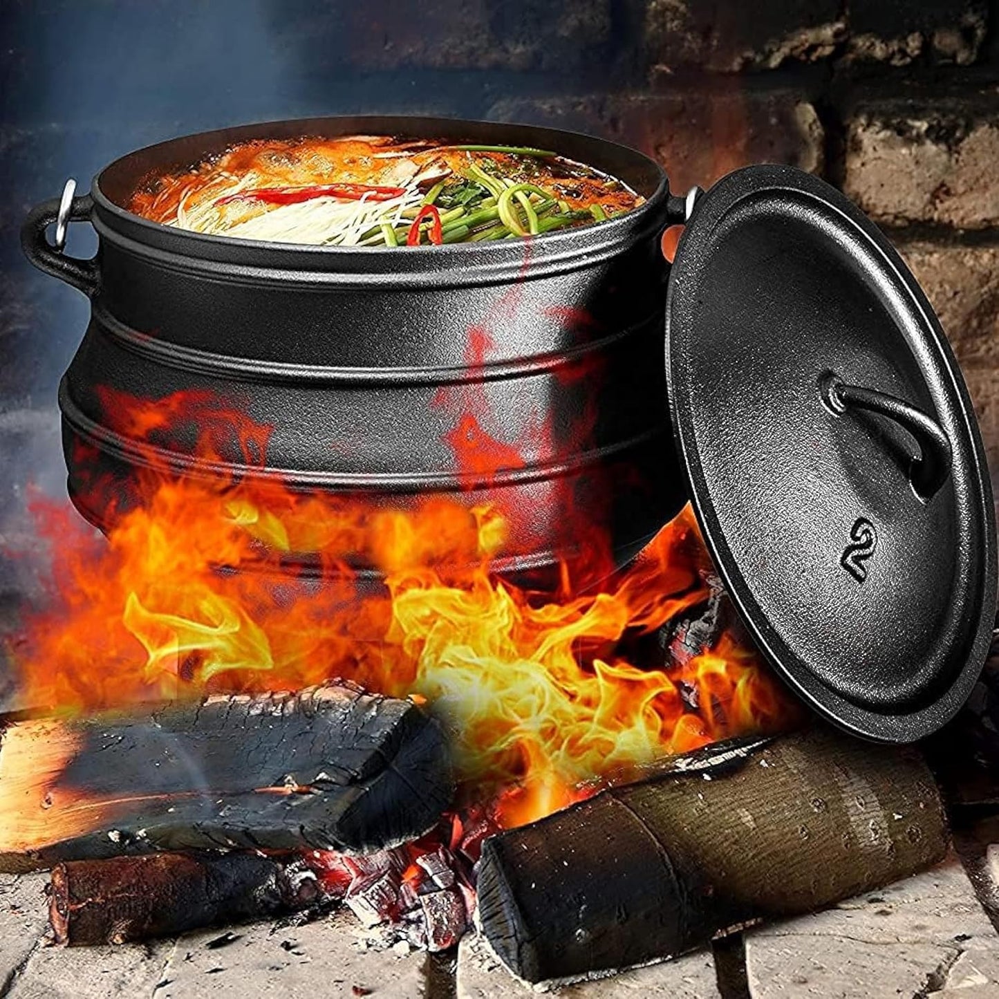 Bruntmor 8-Quart Pre-Seasoned Cast Iron Cauldron - African Potjie Pot with Lid - 3-Legged Design for Optimal Heat Distribution - Outdoor Cast Iron Dutch Oven for Campfire Cooking and Boiling