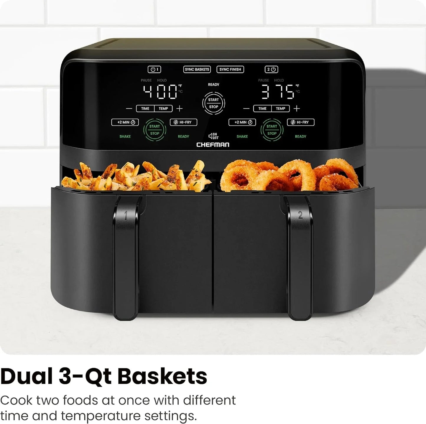 Chefman Dual Basket Air Fryer with Digital Touchscreen, Two Independent 3 Qt Baskets, Sync Finish - Black