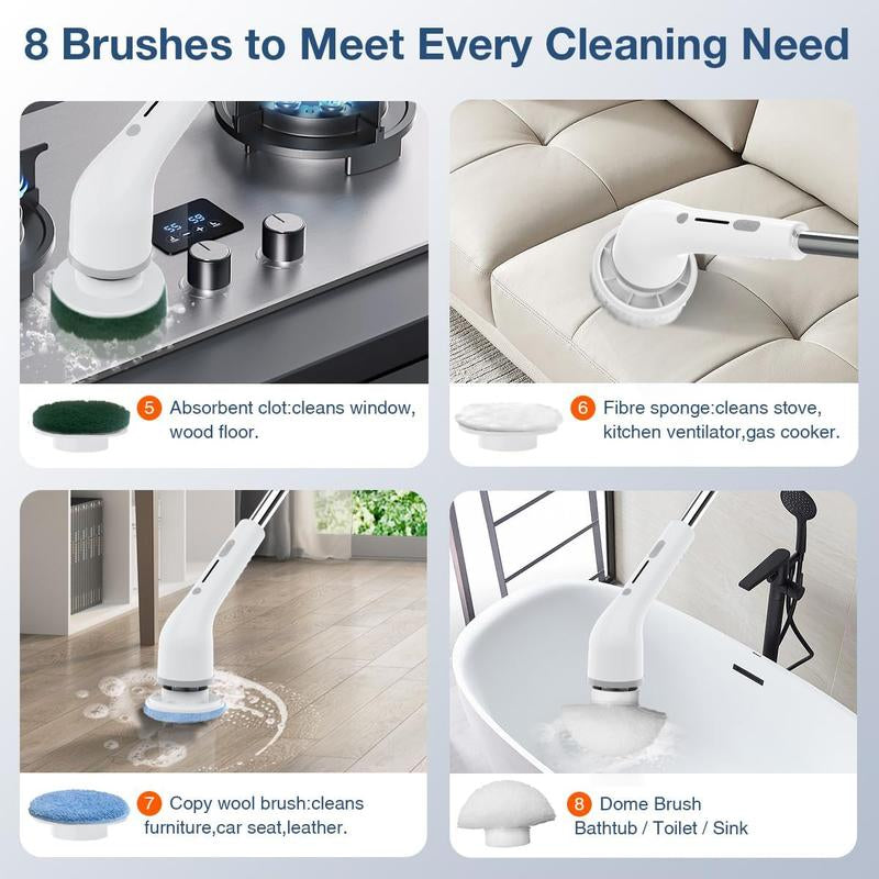 8-in-1 Electric Spin Bathroom Scrubber with Holder and Charger, Long Handle Cleaning Brush for Kitchen and Floor Maintenance