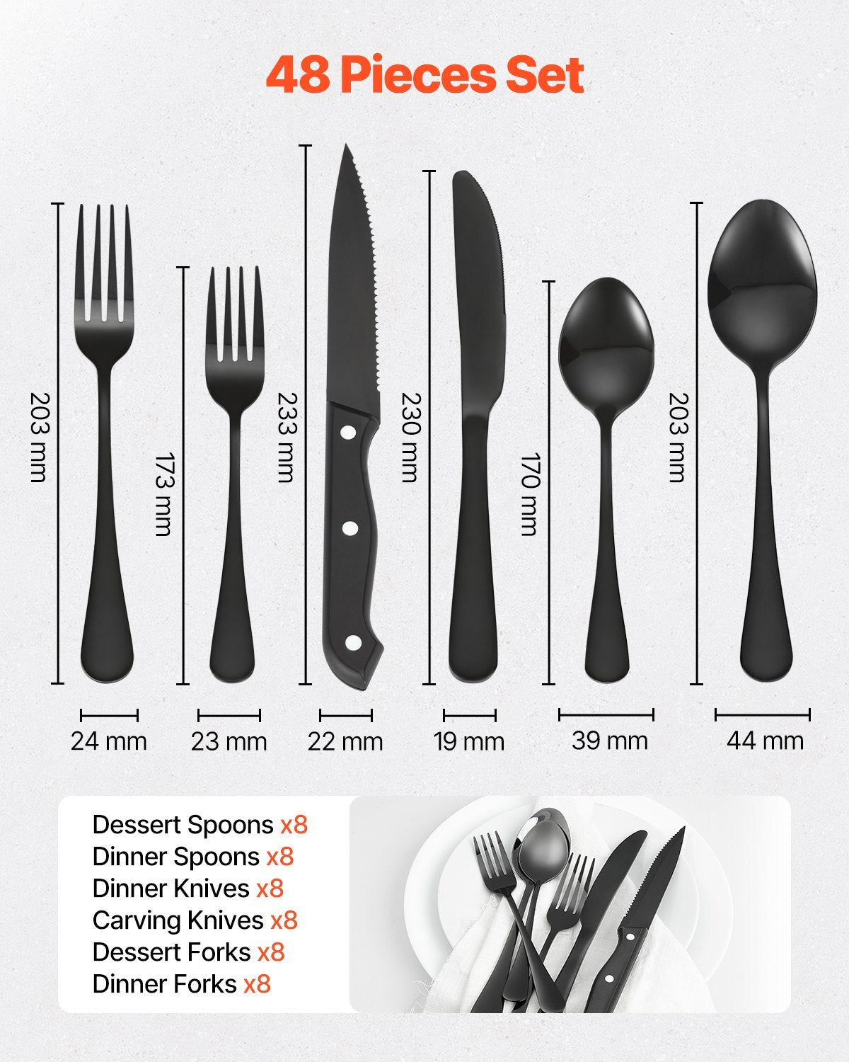48-Piece Black Silverware Set with Steak Knives, Food-Grade Stainless Steel Flatware Utensils for 8, Mirror Finished Cutlery Set, Dishwasher Safe Eating Tableware for Kitchen Home, Service for 8