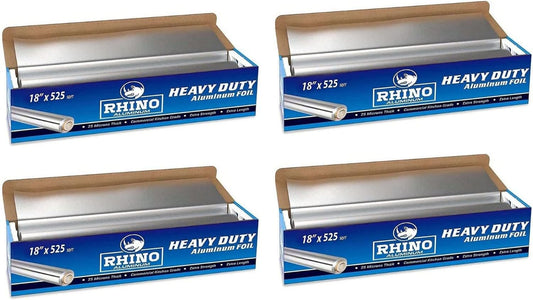 Rhino Heavy-Duty Aluminum Foil Roll - 18" x 525 ft (Pack of 4) - 25 Microns Thick, Commercial Grade for Food Service Industry