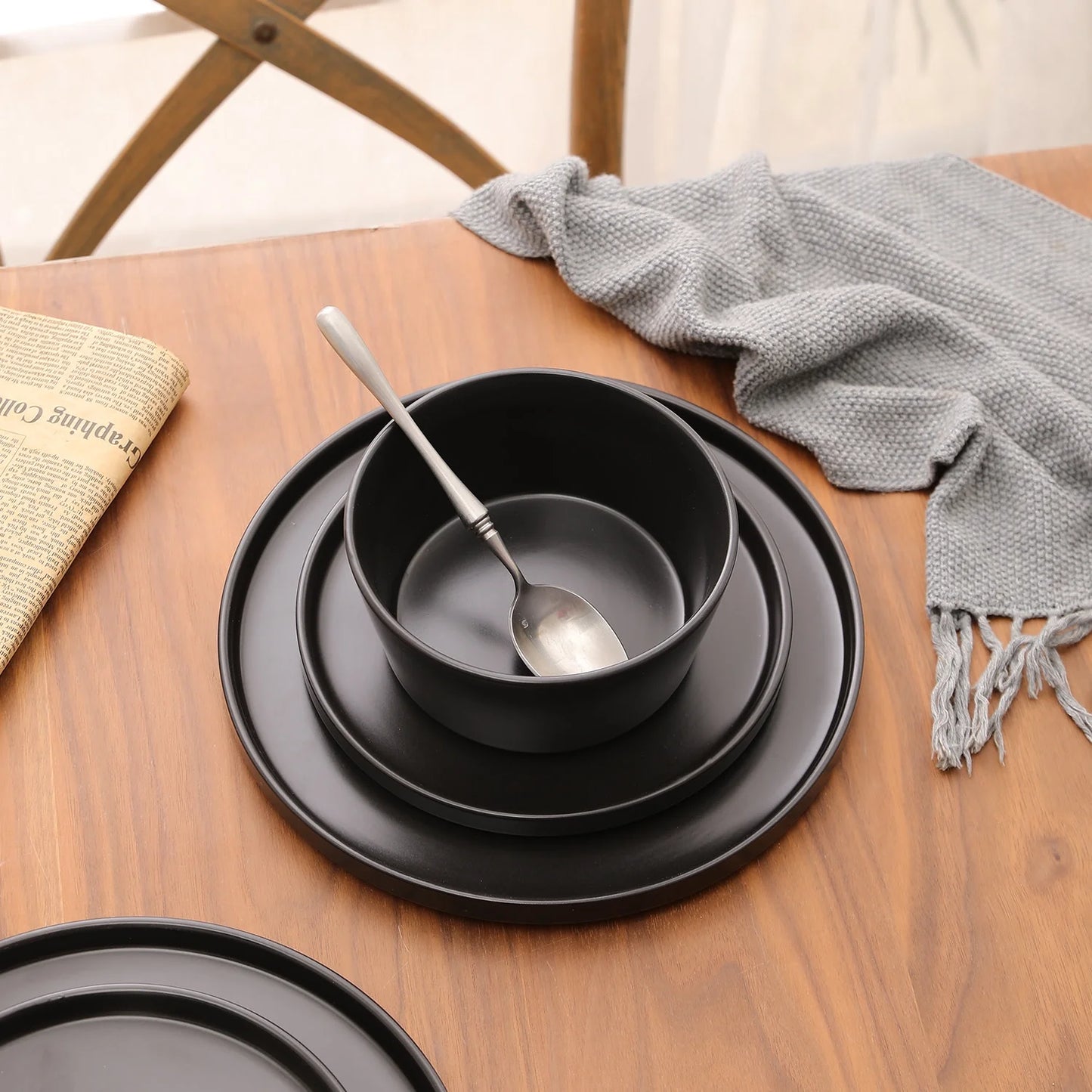 Stone Lain Celina 24-Piece Dinnerware Set Stoneware, Service for 8, Black Matte