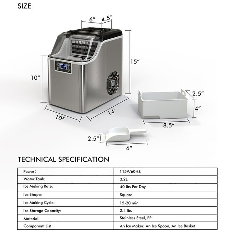 Electric Countertop Ice Maker 40-Lb Ice per Day Countertop or Portable Cubed Ice Maker (Silver)