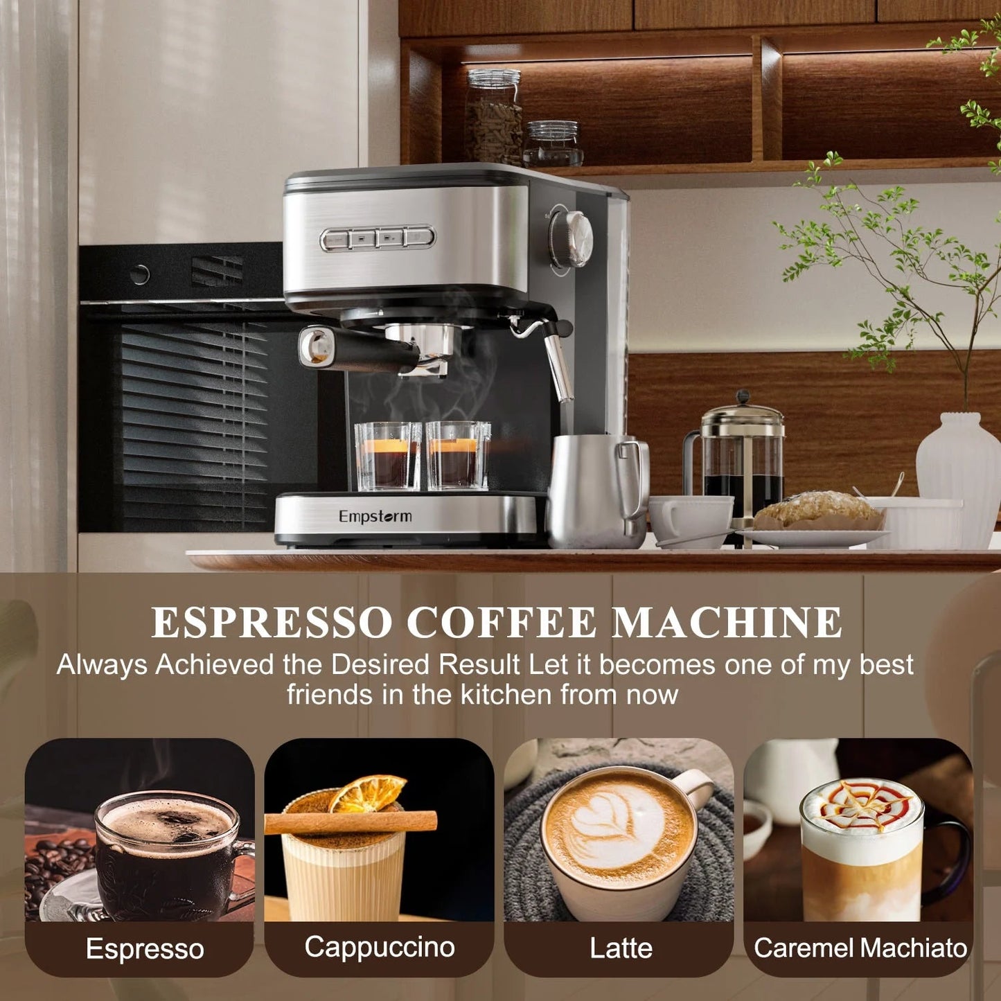 Empstorm 20-Bar Espresso Machine, Dual-Cup Coffee Maker with 1.5L Water Tank and Milk Frother, Black