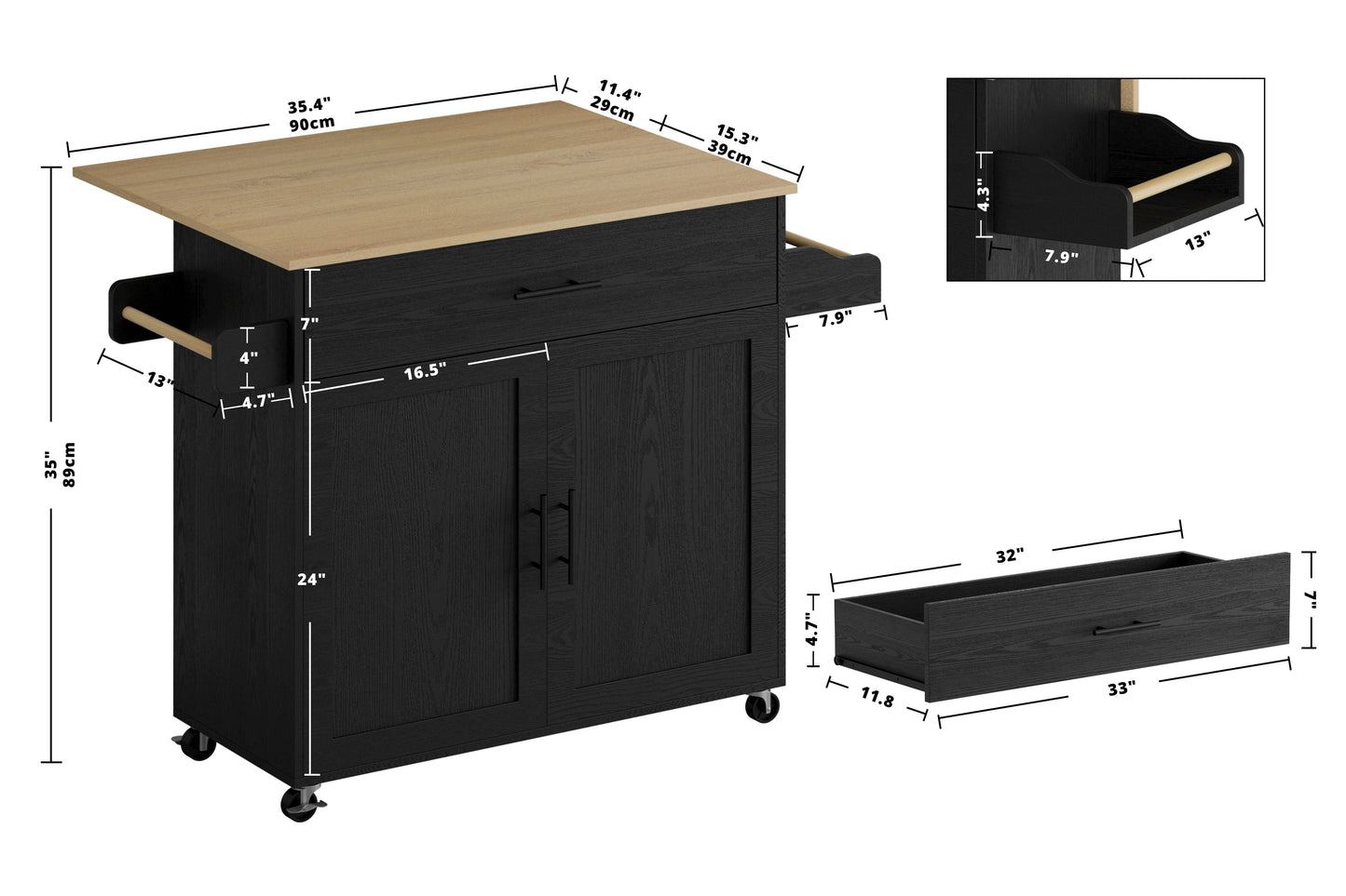 IRONCK Mobile Kitchen Island Cart with Storage Cabinet, Drawer, and 3 Spice Racks in Black