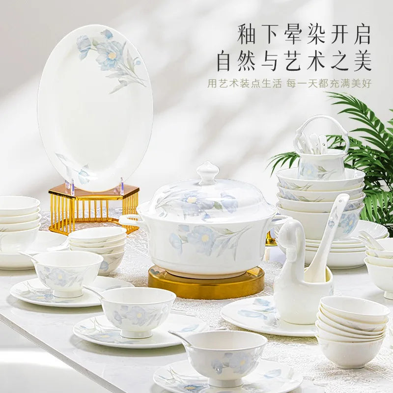62 Heads Jingdezhen Ceramic Dinner Dish Посуда Salad Bowl Plate посуда для кухни наборы Dinnerware Set Kitchen Tableware