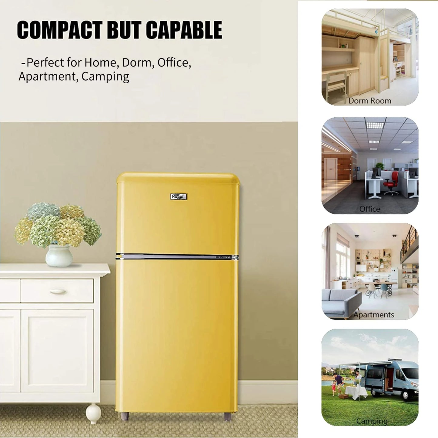 WANAI 3.2.Cu Ft Two Door Mini Fridge with Freezer, a Retro Look,(Yellow)
