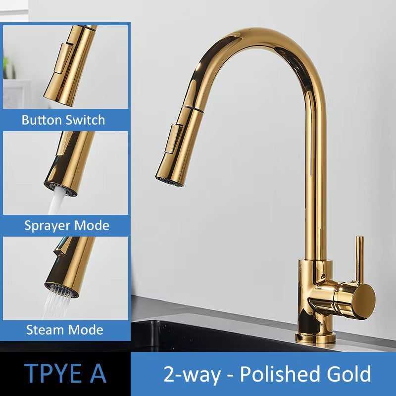 Brushed Gold Kitchen Faucet Pull Out Kitchen Sink Water Tap Single Handle Mixer Tap 360 Rotation Kitchen Shower Faucet