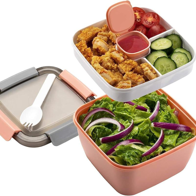 Household Essentials Portable 2 Layer Compartment Lunch Box with Fork, All-In-One Lunch Containers with 3 Compartments & Sauce Container, Lunch Storage Container, Kitchen Accessories, Kitchen Gadgets, Summer for Gift