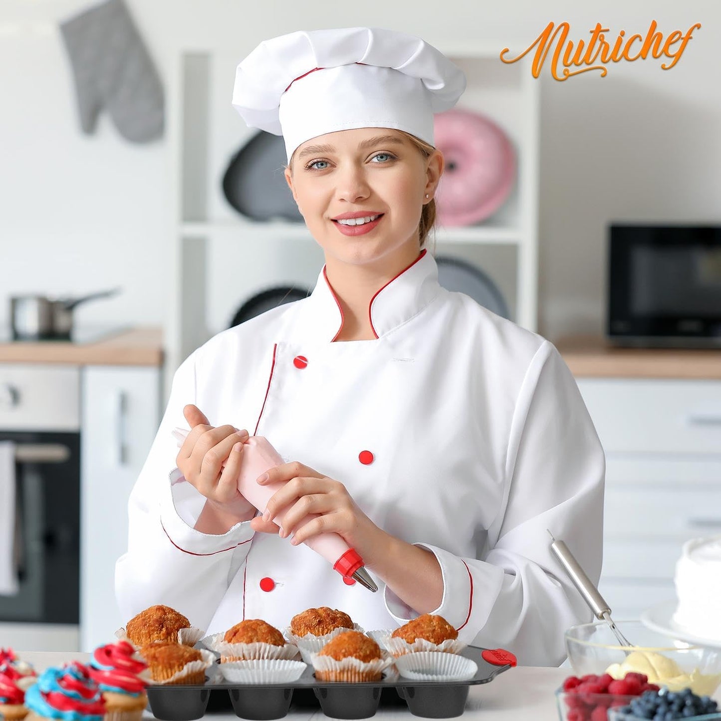 Nutrichef Deluxe Non-Stick Baking Pans Set - 8 Piece Commercial Grade Bakeware with Stylish Gray Coating and Red Silicone Handles
