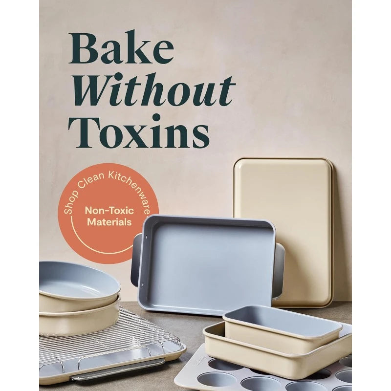 Nonstick Ceramic Bakeware Set (11 Pieces) & Storage - Aluminized Steel Body - Non Toxic, PTFE & PFOA Free - Slate,home.