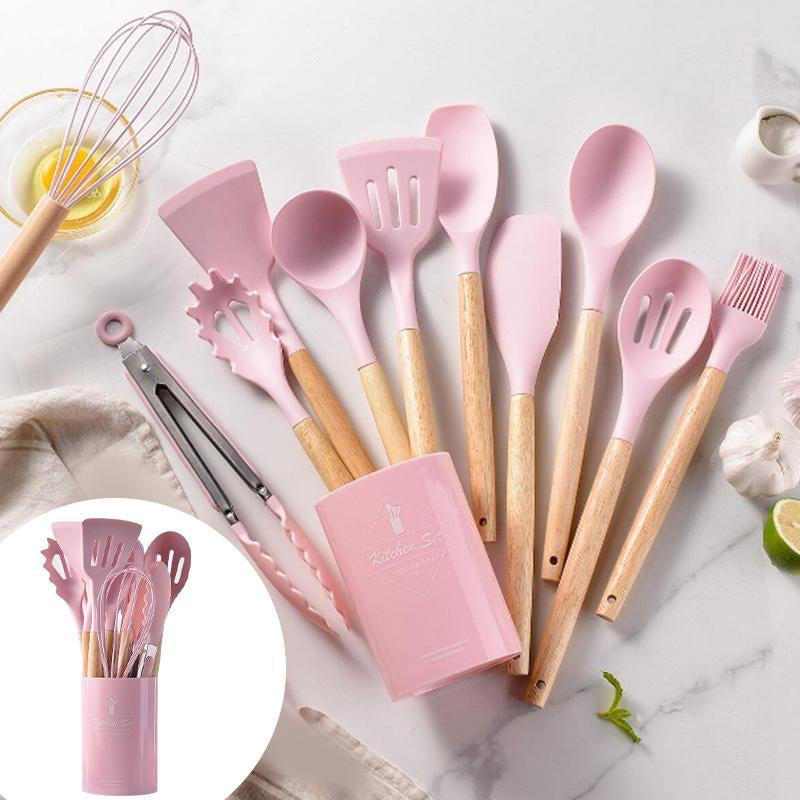 Silicone Kitchen Cooking Utensils Set, 12Pcs/Set Heat Resistant, Tongs, Spatula, Spoon, Brush, Whisk, Wooden Handle Kitchen Gadgets with Holder